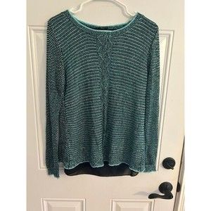 Milano Top Womens Size Medium Blue Black Sparkly Long Sleeve Knit Button Back
